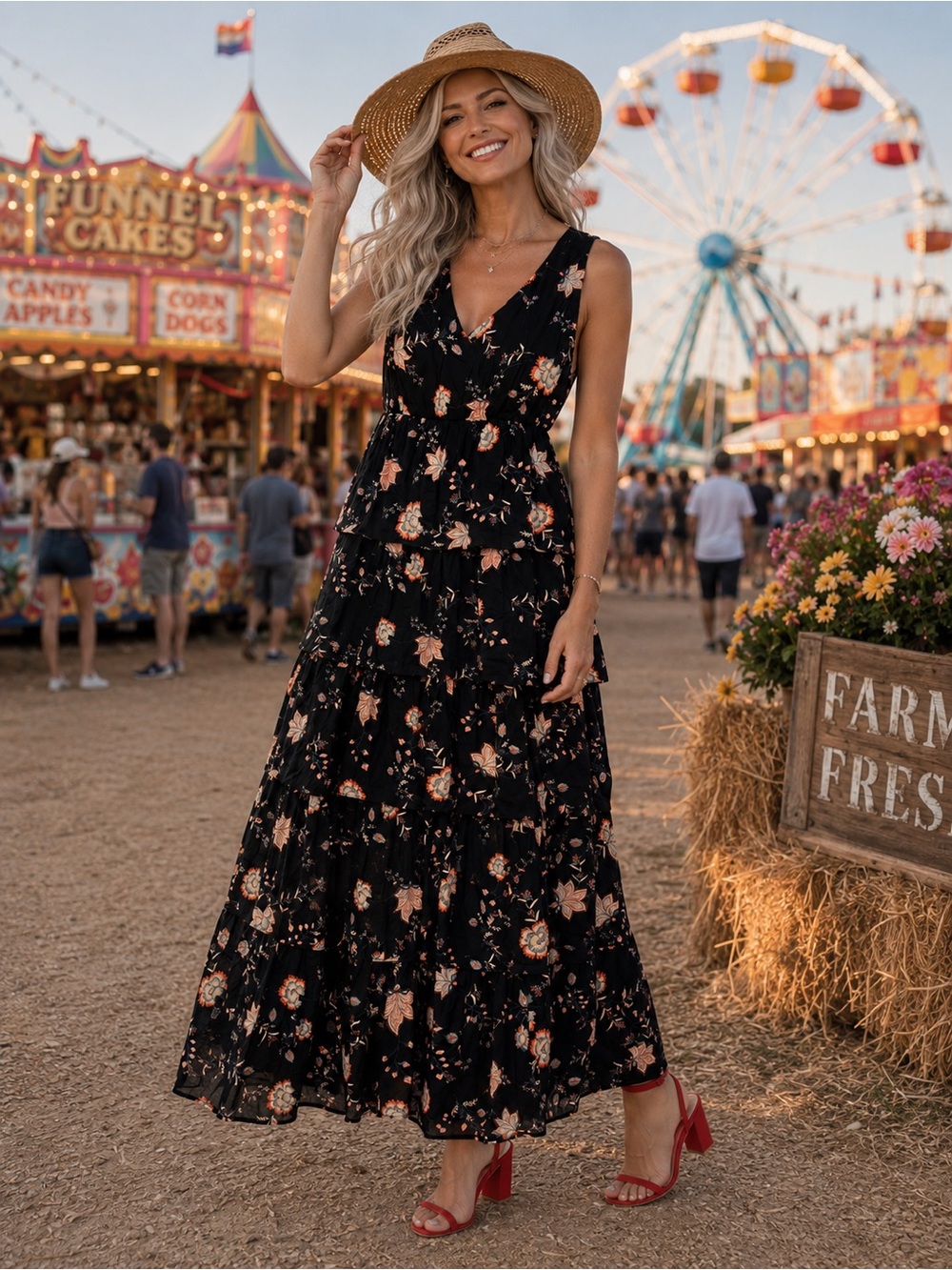 NWOT Sleeveless Black Floral Tiered Maxi Dress - Lightweight V-Neck